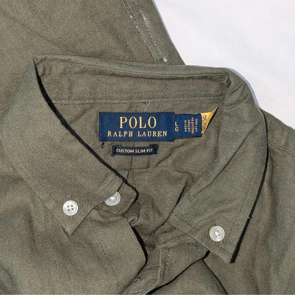 Polo Ralph Lauren Custom Slim Fit Linen Shirt L Olive Green NWT Short Sleeve - Picture 7 of 7